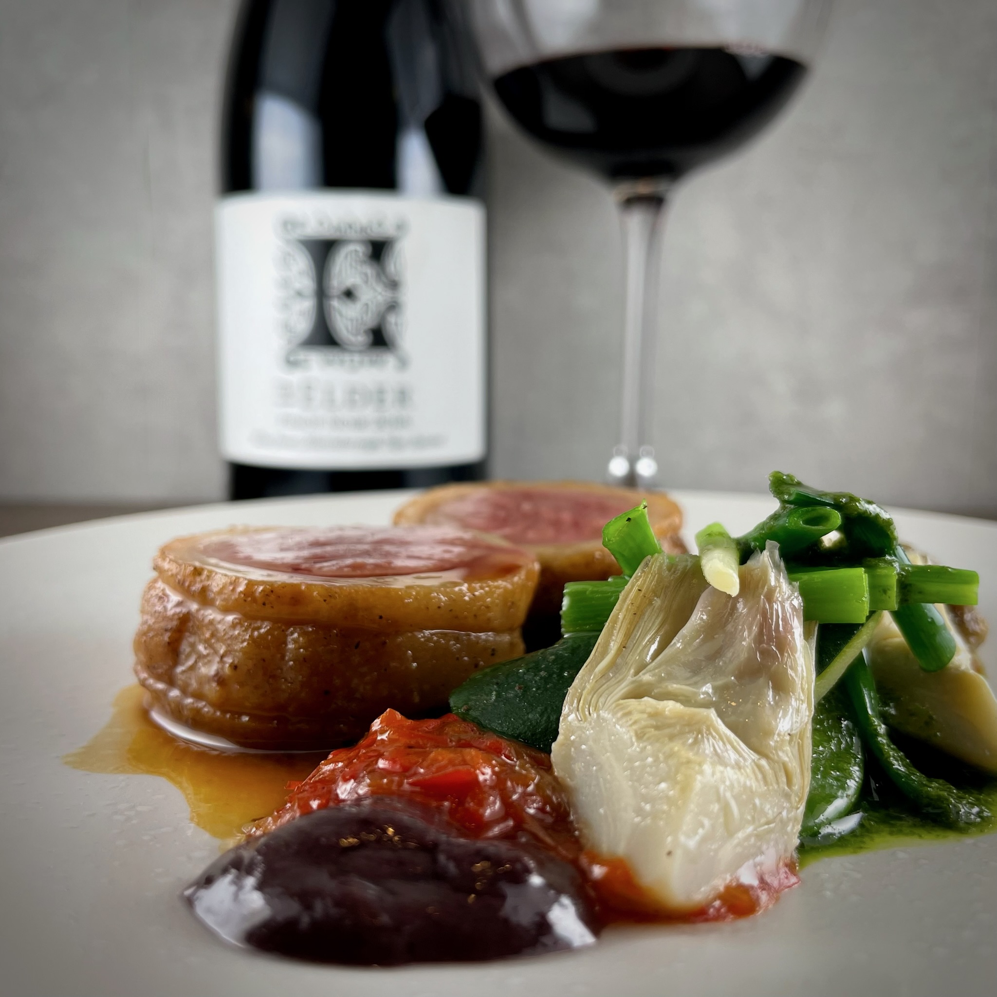 Pork roulade with artichoke, seasonal vegetables and New Zealand Pinot Noir at Rangitoto Tokyo