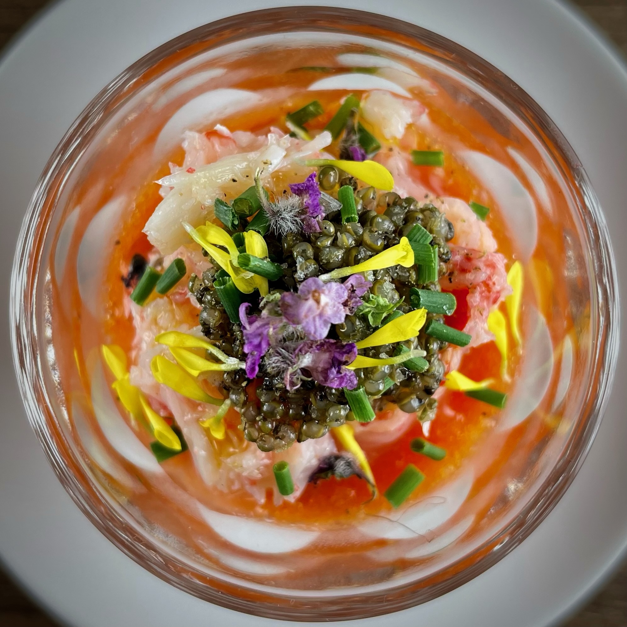 Caviar and flower-garnished seafood dish at Rangitoto Tokyo